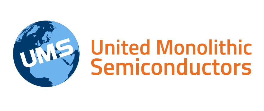 Logo von United Monolithic Semiconductors UMS): ein blauer Globus mit dem weißen Schriftzug „UMS“ und dem orangefarbenen SchriftzugUnited Monolithic Semiconductors auf schwarzem Hintergrund.