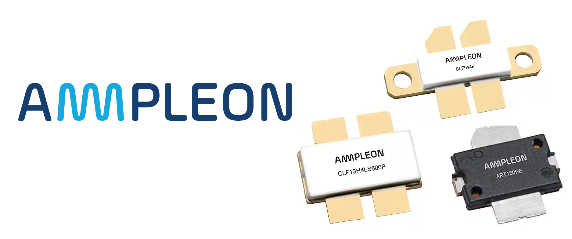 Ampleon logo on the left with three angled RF power transistor packages on a white background, showing product modules on the right.