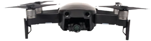 Black quadcopter drone with a forward-facing camera and landing gear, seen from the front/center.