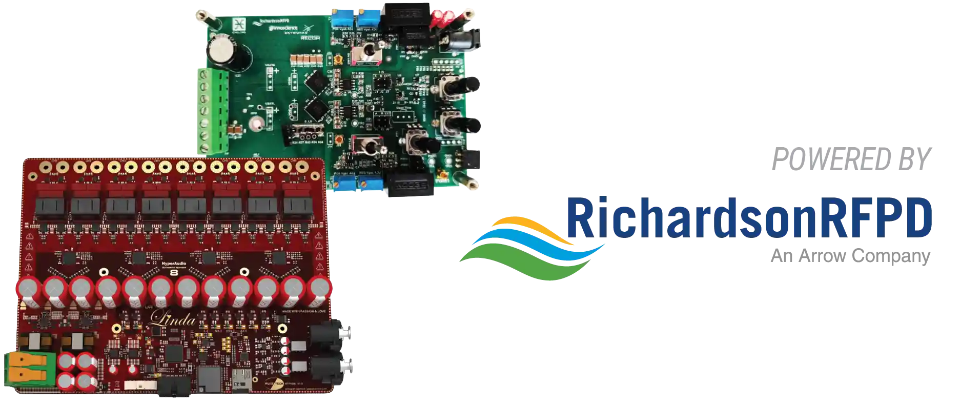 Three development boards on a white background: a red multi-knob board alongside a green connector board and a blue module.