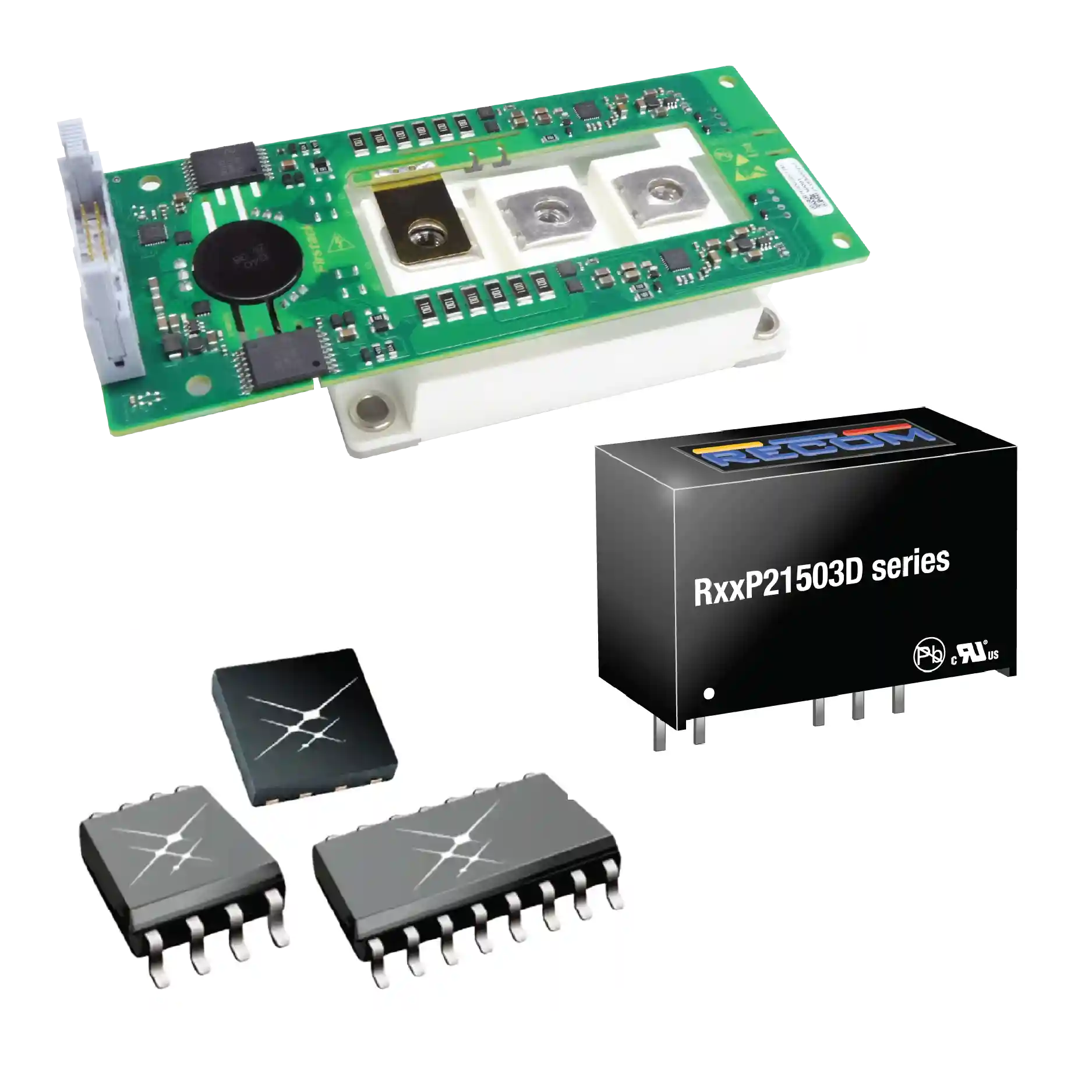 Green printed circuit board with multiple ICs, resistors, and three white power-module components, pictured above a black RxpP21503D series box.