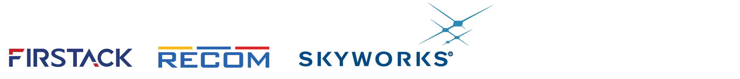 Logos for Firstack, Recom, and Skyworks arranged in a row with a stylized X-shaped emblem above them.