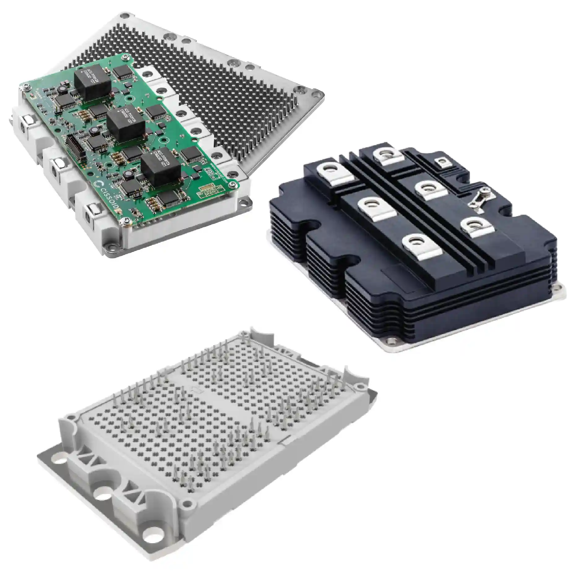 Green printed circuit board with attached power modules and large aluminum finned heat sink, plus a separate black finned heatsink block.