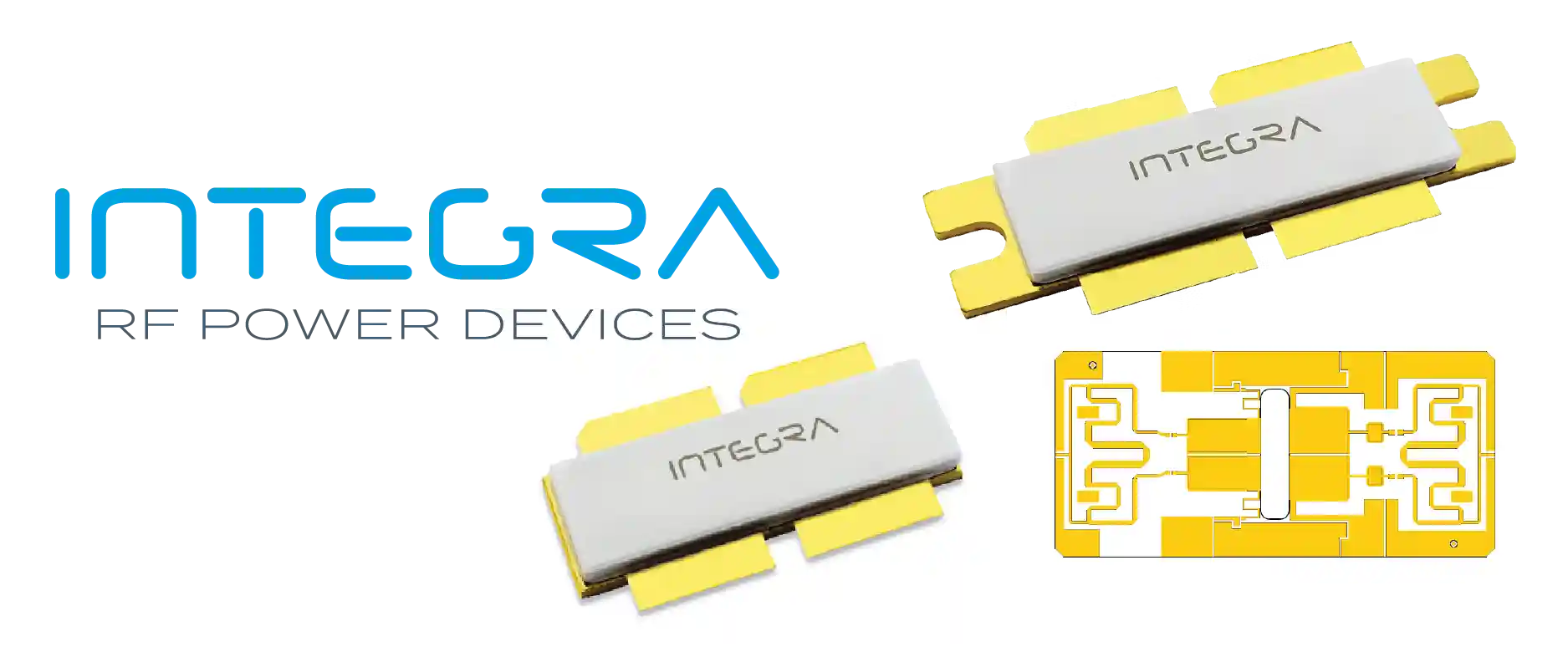 Integra Power Devices logo with turquoise text, plus yellow-topped electronic modules and a yellow circuit-board pattern