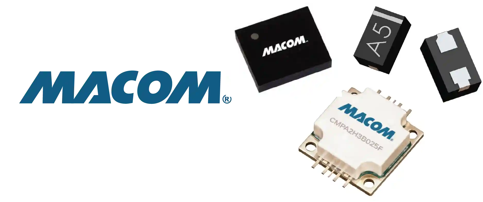 MACOM logo on the left with several black semiconductor chips and a white ceramic RF/microwave module bearing the MACOM branding on the right