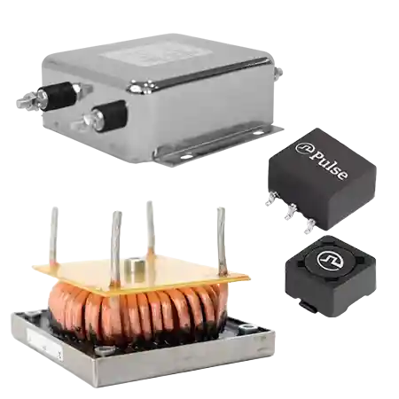Assortment of high-frequency magnetic components: a metal-cased power transformer, a PCB-mounted coil inductor on a yellow board, and two Pulse-branded inductors.