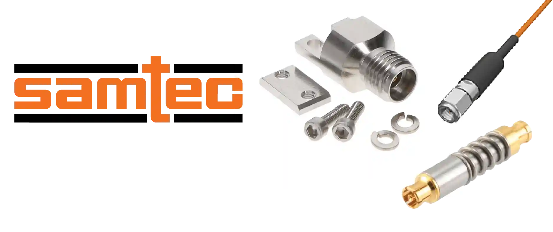 Samtec logo with orange letters beside a collection of metal electrical connectors and a coaxial plug on a white background