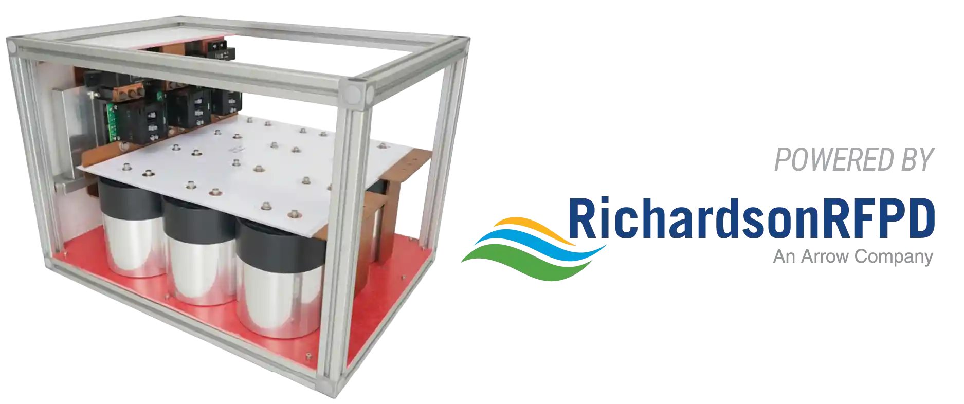 Aluminum-framed laboratory test rig with three large cylindrical components on a red base, beside the Richardson RPD logo.