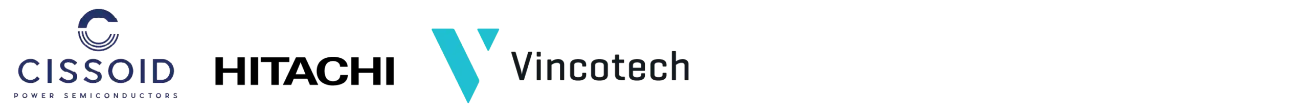 Collage of three technology company logos: left is the Cissoid Power Semiconductors logo, center is a turquoise V-shaped mark with accompanying text, and right is a gray wordmark logo.