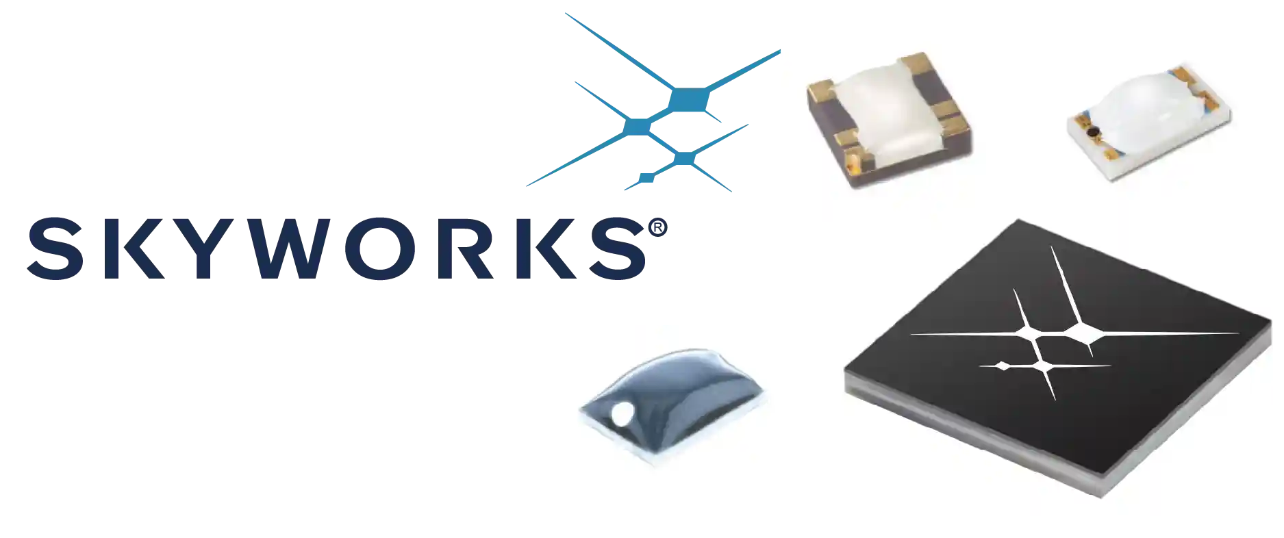 Skyworks logo with a blue emblem and scattered semiconductor components (chips and packages).