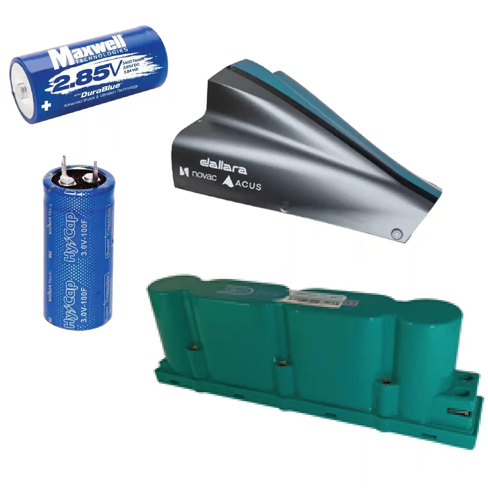Collage of automotive and battery components: a blue Maxell AA-style battery, a blue cylindrical battery, a metal aero component, and a green waste bin beneath.