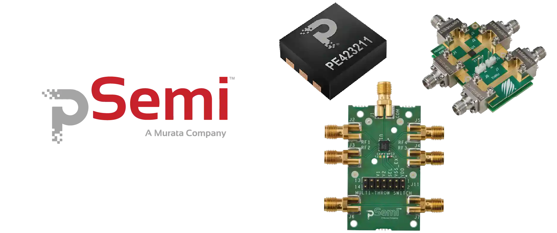 Semi logo on the left with red wordmark, and three RF/microwave circuit modules (SMA connectors and chips) on the right, indicating company branding and front-end boards.