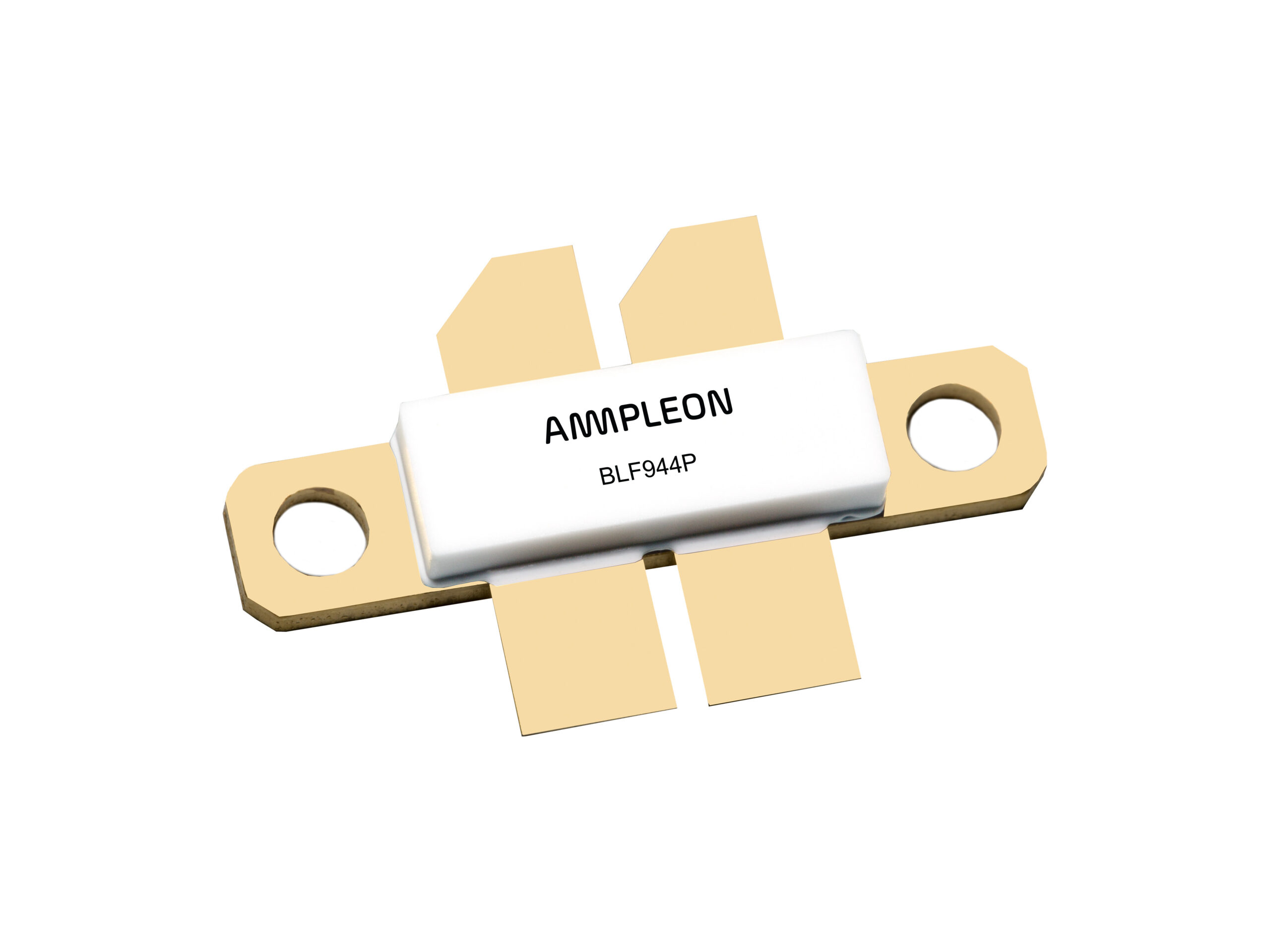 AMPLEON BLF944Pと表記されたパワートランジスタモジュールが、黄褐色の取り付け金具に取り付けられている