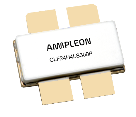4つの金メッキ接点パッドを備え、型番がCLF24H4LS300PのAmpleon製RFパワートランジスタモジュール。