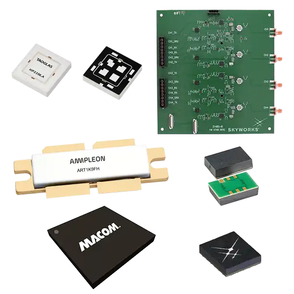 Skyworks、MACOM、Ampleon製のRFマイクロ波部品およびICのコラージュ。白い背景の上に、緑色のPCBやさまざまなパッケージ化されたチップが配置されている。