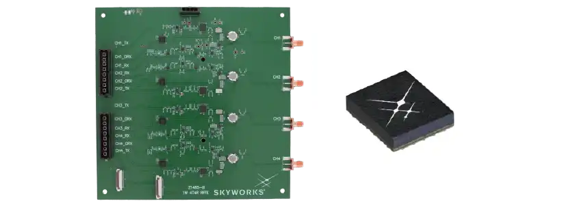 複数のコネクタとRFテストポイントを備えたGreen Skyworks社の評価用PCB。その横には、小さな黒い正方形のRFモジュールが写っている。