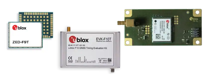 3つのublox GNSSモジュール：左がZED-F9T、中央がEVK-F10タイミング評価キット、右が緑色のPCBモジュール