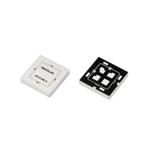 「TAQGLAS HP2356-A」と表示された正方形のSMD電子パッケージが2つ。上面は白と黒。