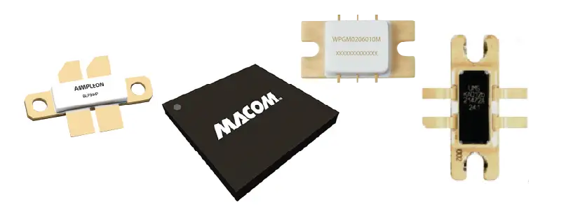 白い背景に、黒いMACOM製ICや、金メッキが施されたSMDパッケージがいくつか並んだ、MACOMのRF／マイクロ波部品の品揃え？