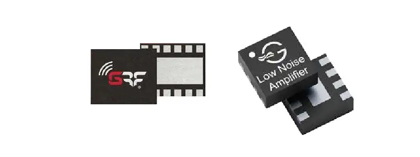 2つのRF部品：左はフィルムストリップの横にGRFのロゴが入った黒いチップ、右は「Low Noise Amplifier」と表示された黒いIC。