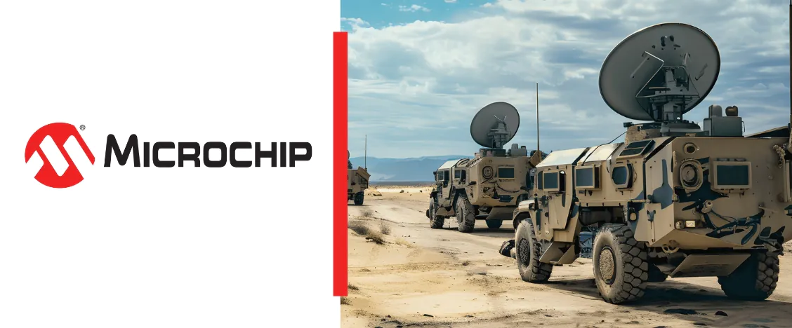 Microchip logo on white background with a red divider leading to a desert scene of armored vehicles and satellite dishes on the right.