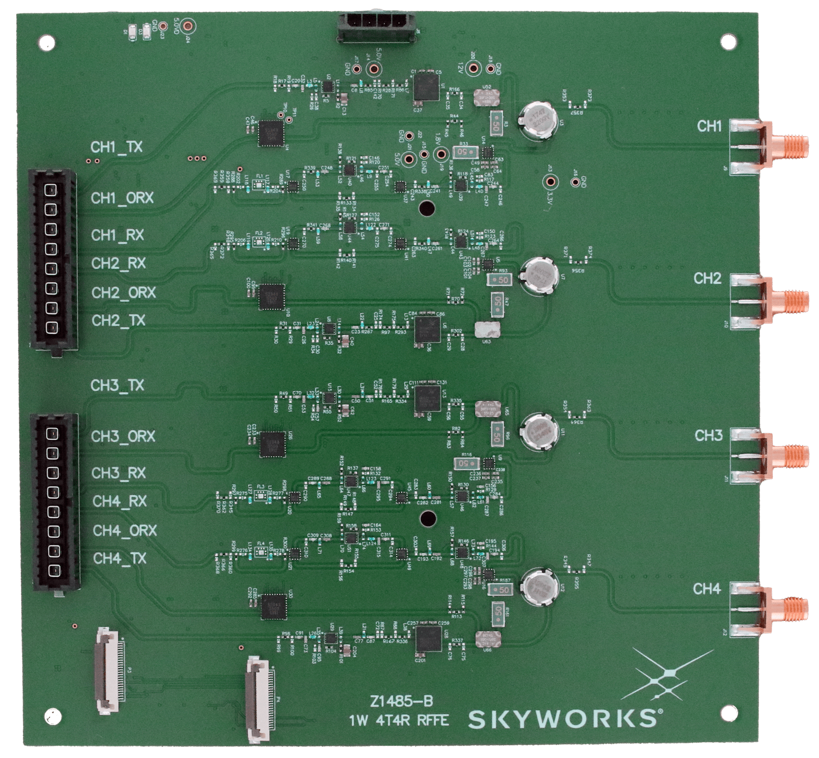 SKYR23001-Top - Richardson RFPD - Richardson RFPD Four-channel Skyworks RF circuit board with labeled CHx_TX/CHx_RX connectors and edge SMA ports on the right.