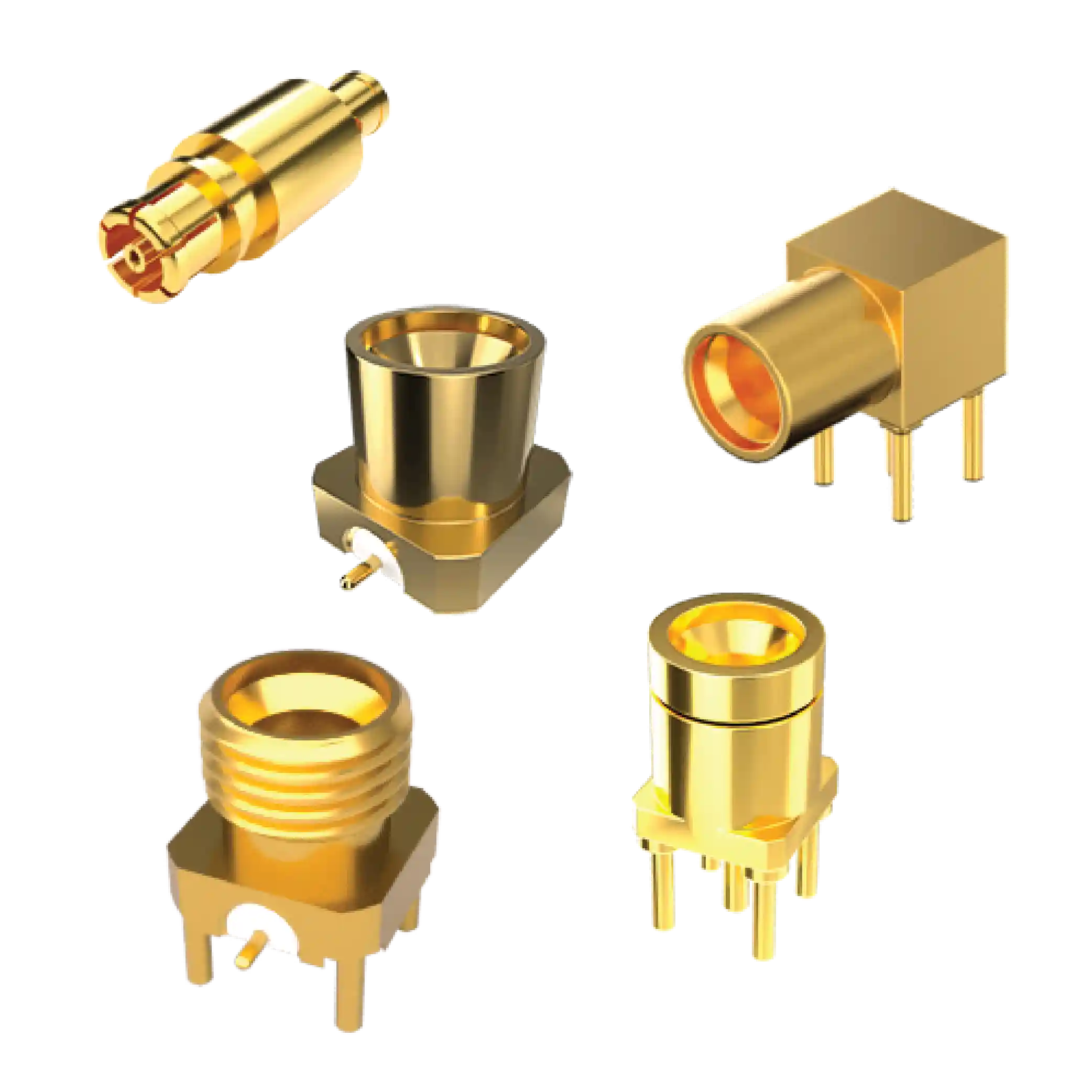Eine Collage aus glänzenden, goldenen Metallteilen: Rohrverbindungsstücke, Ventile und halterungsartige Bauteile.