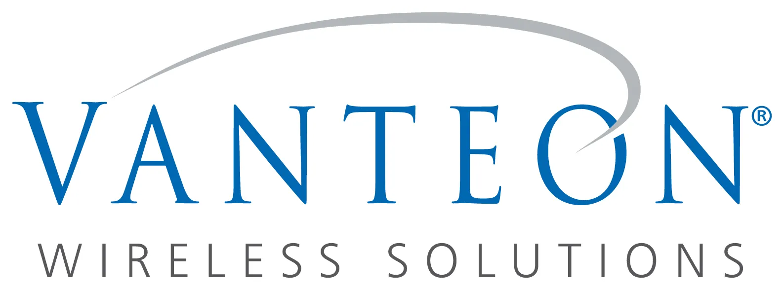 Vanteon Wireless Solutions ：青色の「VANTEON」の上部に灰色の弧、下部に灰色の「WIRELESS SOLUTIONS」の文字が配置されている。