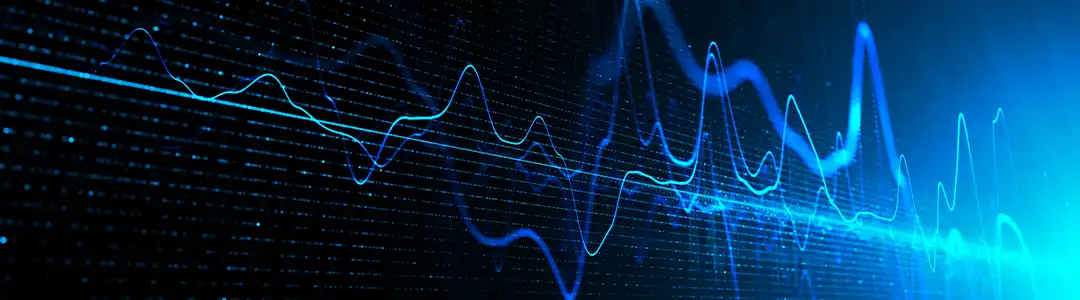 Ondas digitales abstractas en azul sobre una cuadrícula oscura, que evocan el análisis de datos y el procesamiento de señales.