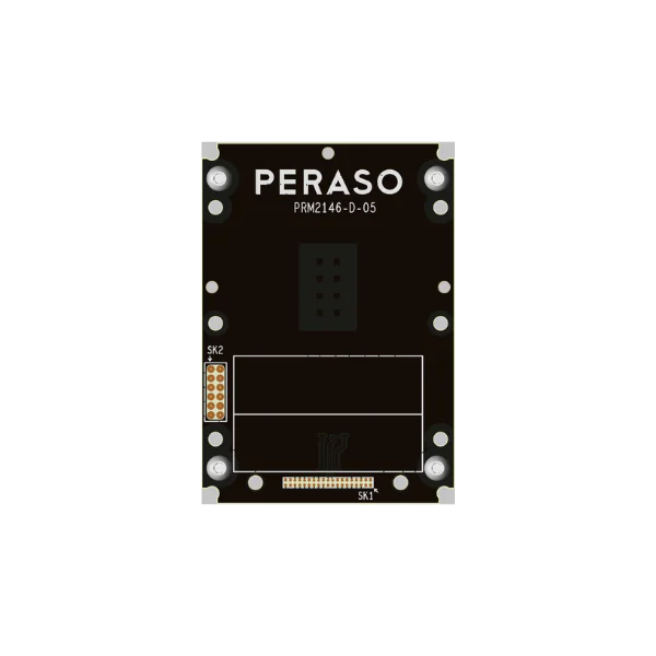 Black Peraso PRM2146-D-05 PCBモジュール。左側と底面に金メッキのエッジコネクタ、四隅に取り付け穴、上部にPERASOのロゴがあります。