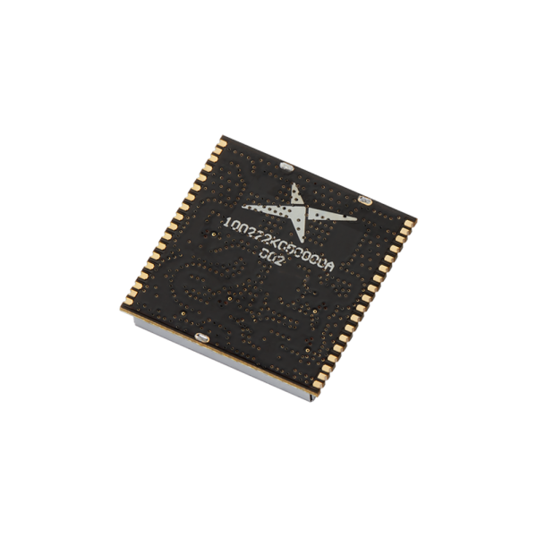 Black square microcontroller chip with gold pins along edges, star logo and white markings on top.