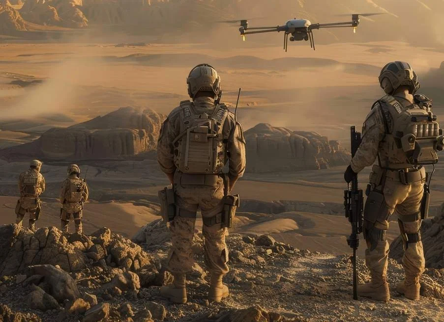 Soldiers in desert gear watch a drone flying overhead at a rocky ridge formation used for surveillance or reconnaissance.