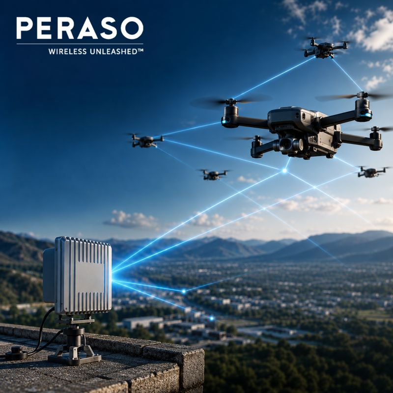 Le logo Peraso se détache sur un ciel bleu ; des drones forment un réseau sans fil dont les faisceaux bleus relient une station au sol située sur un toit, avec vue sur la vallée.